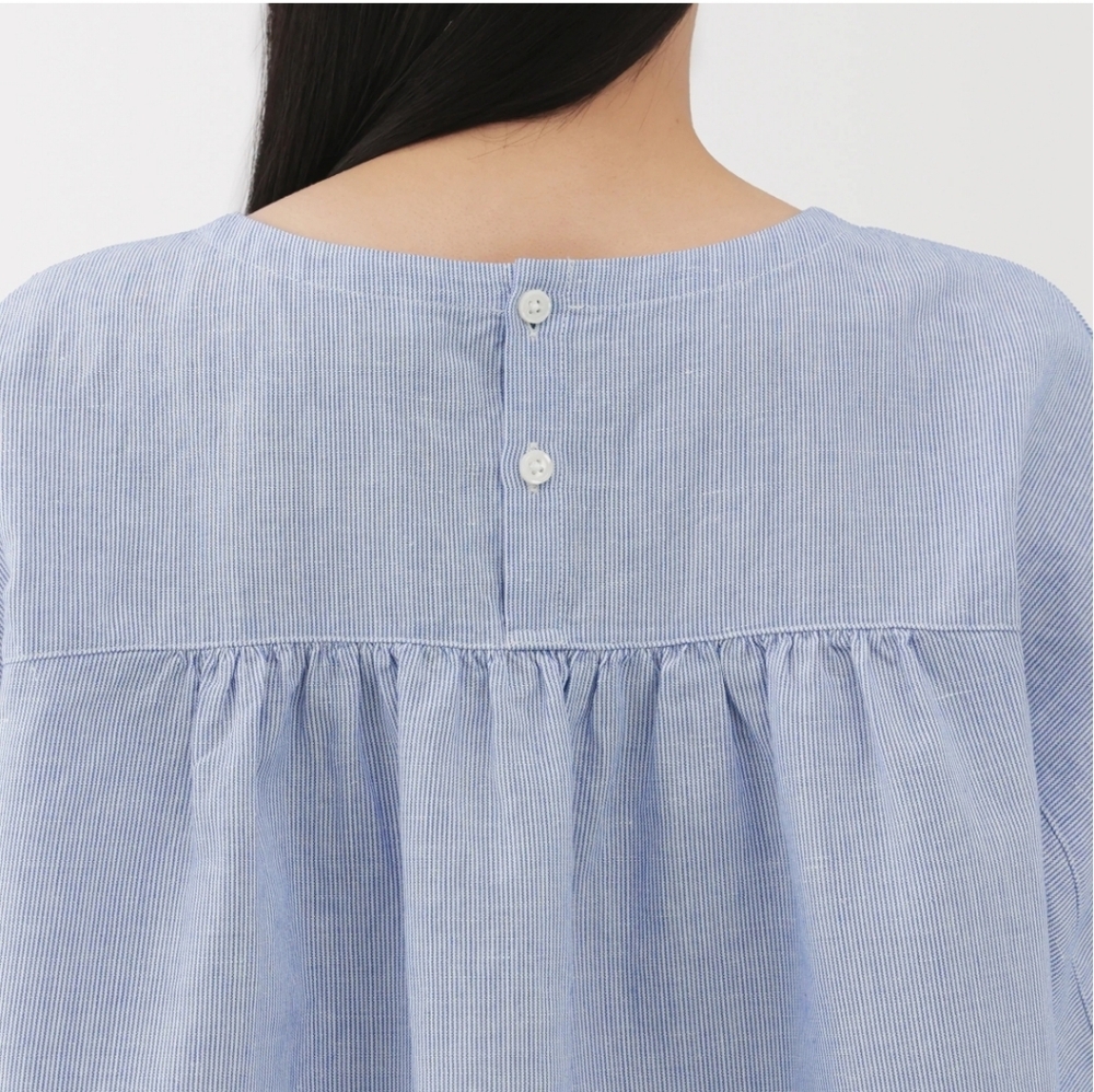 MUJI Women's Hemp Cotton Short Sleeve Blue Striped Blouse cooling fabric - Picture 5 of 6